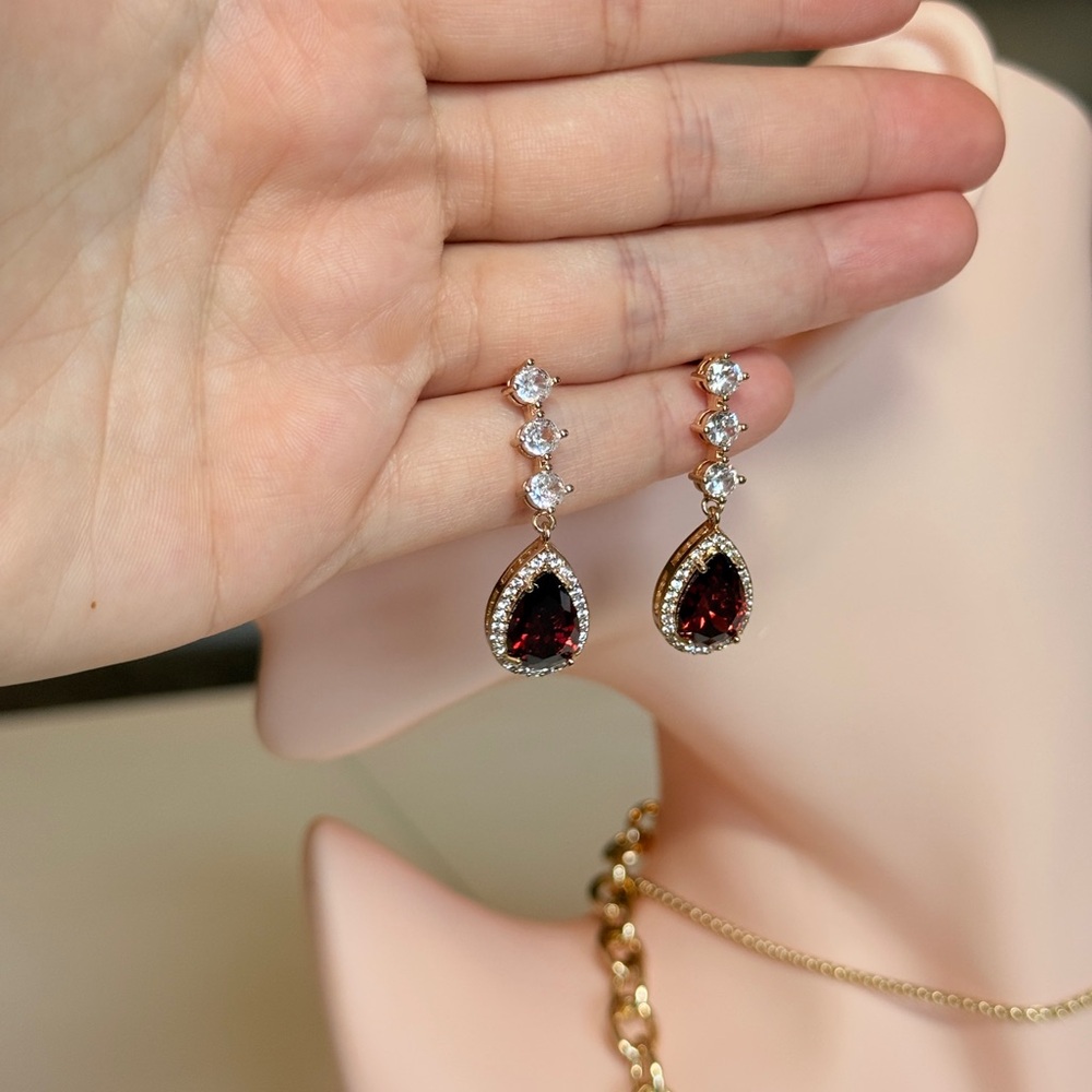 Elegant Gold Drop Earrings with Garnet Red Teardrop Zirconia - Picture 5 of 15